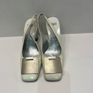 Vintage 1960’s Ivory leather, Charles Jordan sling back with lucite heels.